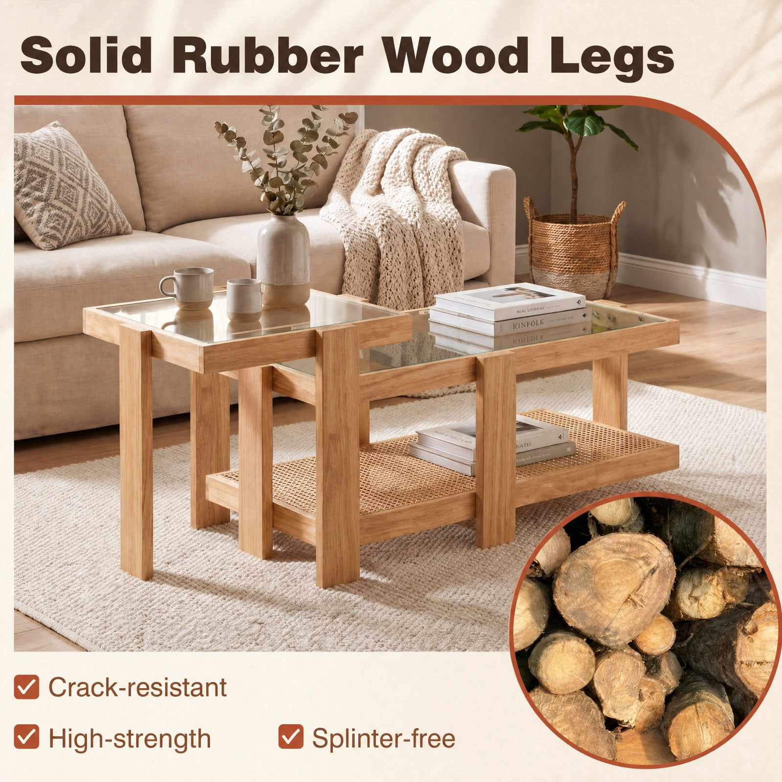 Furnibear Set of 2 Nesting Coffee Table with Tempered Glass Top and Boho Rattan Storage Shelf for Living Room for Home and Living Space, Natural