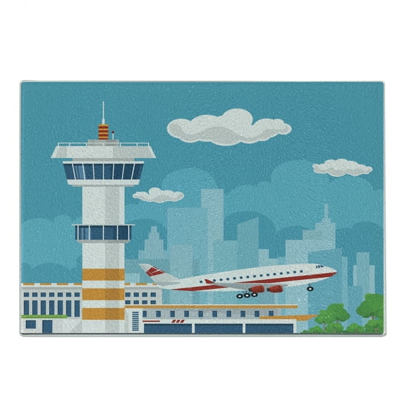 Airport Cutting Board, Nursery Themed Cartoon of Control Tower and Take Off Plane on City Silhouette, Decorative Tempered Glass Cutting and Serving Board, in 3 Sizes, by Ambesonne