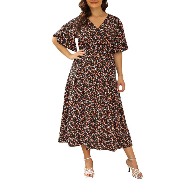 Birdeem Grande Robe Décontractée pour Femmes Cuihua Évasée Manches Courtes Taille Col en V Mi-Mollet