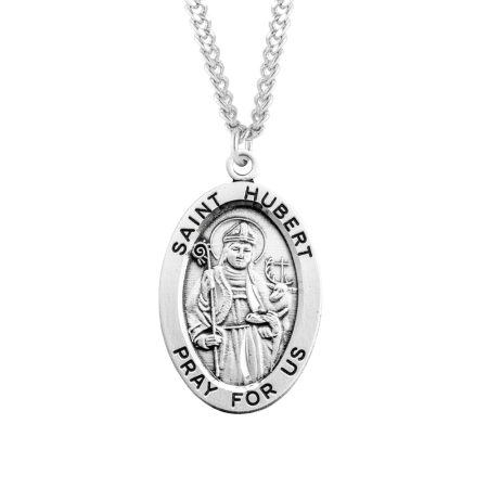 Sterling Silver St.Hubert Medal Pendant Necklace in 24" Endless Rhodium Plated Stainless Steel Chain -Patron Saint of hunters, and mathematicians, Deluxe Velvet Gift Box - Made in USA