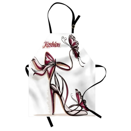 Stay Dry Bath Apron (Pink Apron High Heel Shoes with Butterfly and Ribbon Ornamentals Be Grace Spruceness Theme, Unisex Kitchen Bib Apron with Adjustable Neck for Cooking Baking Gardening, Dried Rose Black, by)