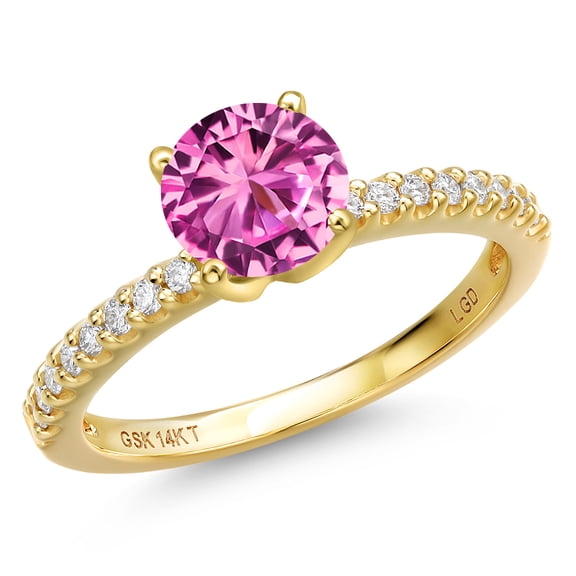 Gem Stone King 14K Yellow Gold Pink Created Sapphire and Lab Grown Diamond Engagement Ring for Women | 1.82 Cttw | Round 7MM | Gemstone September Birthstone | Size 7