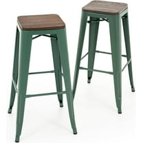 YYEAN 30 Inch Metal Bar Stools with Square Solid Elm Wood Seat Top, Backless Stackable Industrial Barstools Set of 2-Dark Green