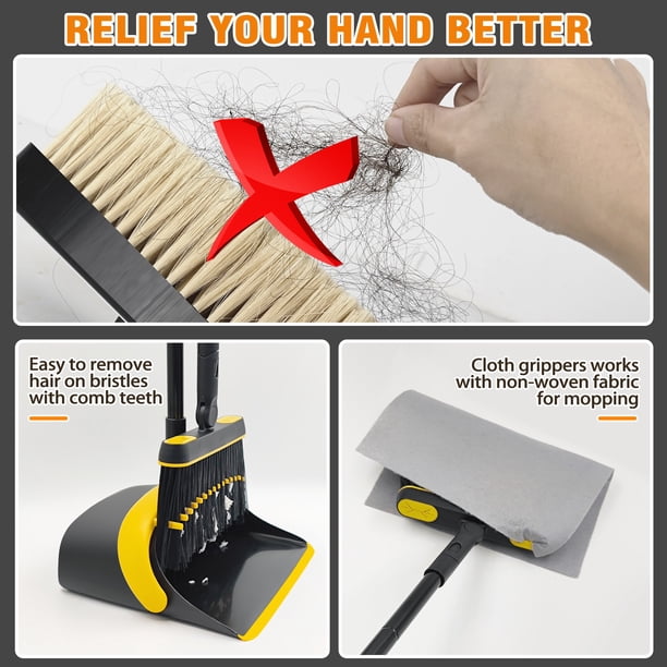 JEHONN Dustpan and Broom Set with 54 inches Long Handle (Black