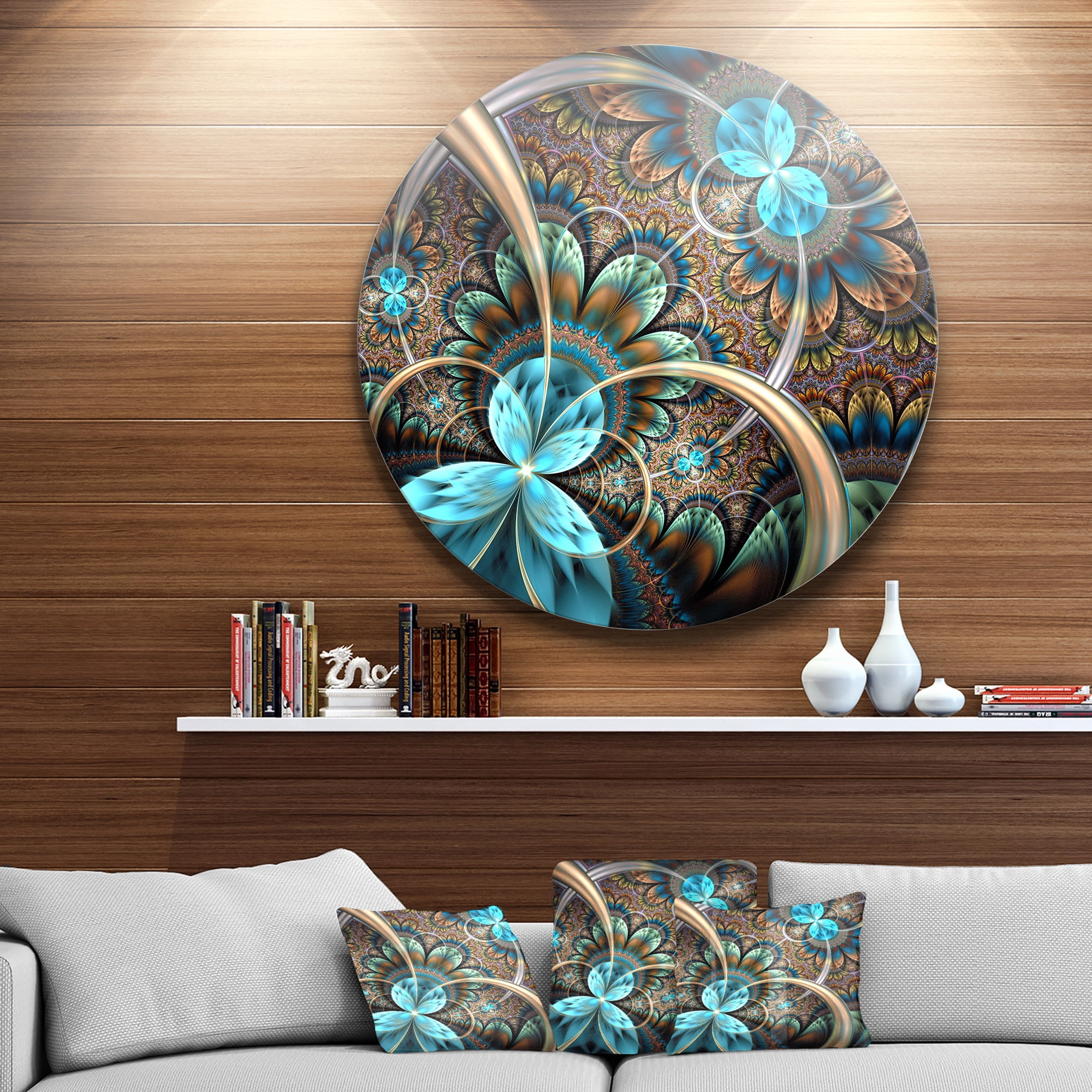 Designart 'Light Blue Fractal Flower' Disc Floral Circle Metal Wall Art