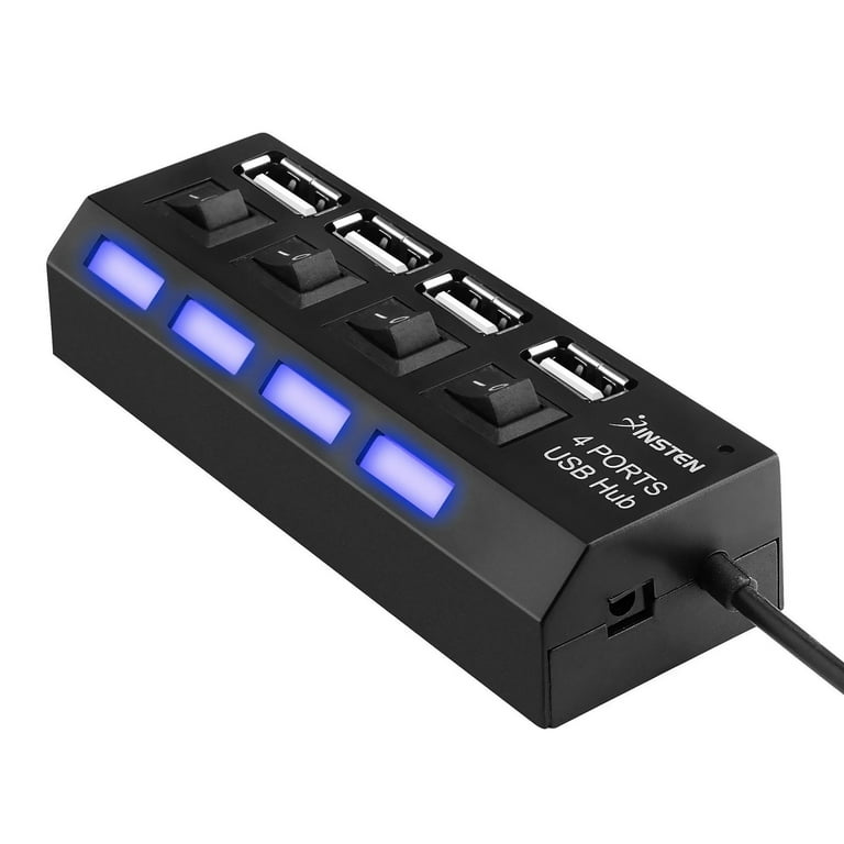 Insten 4-Port USB 2.0 Hub with Individual On Off Power Switches and LEDs