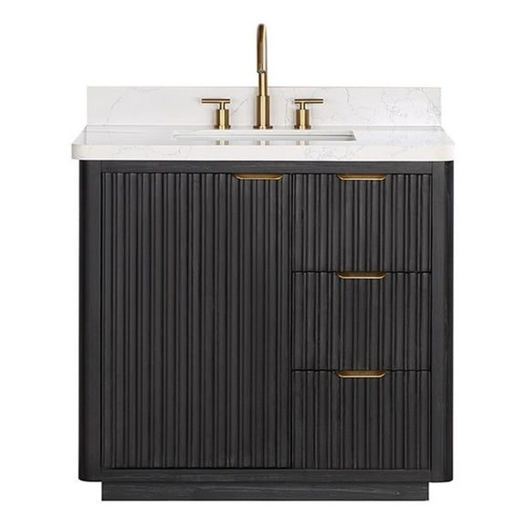 Pemberly Row 36" Single Vanity in Fir Wood Black with Composite Top in White