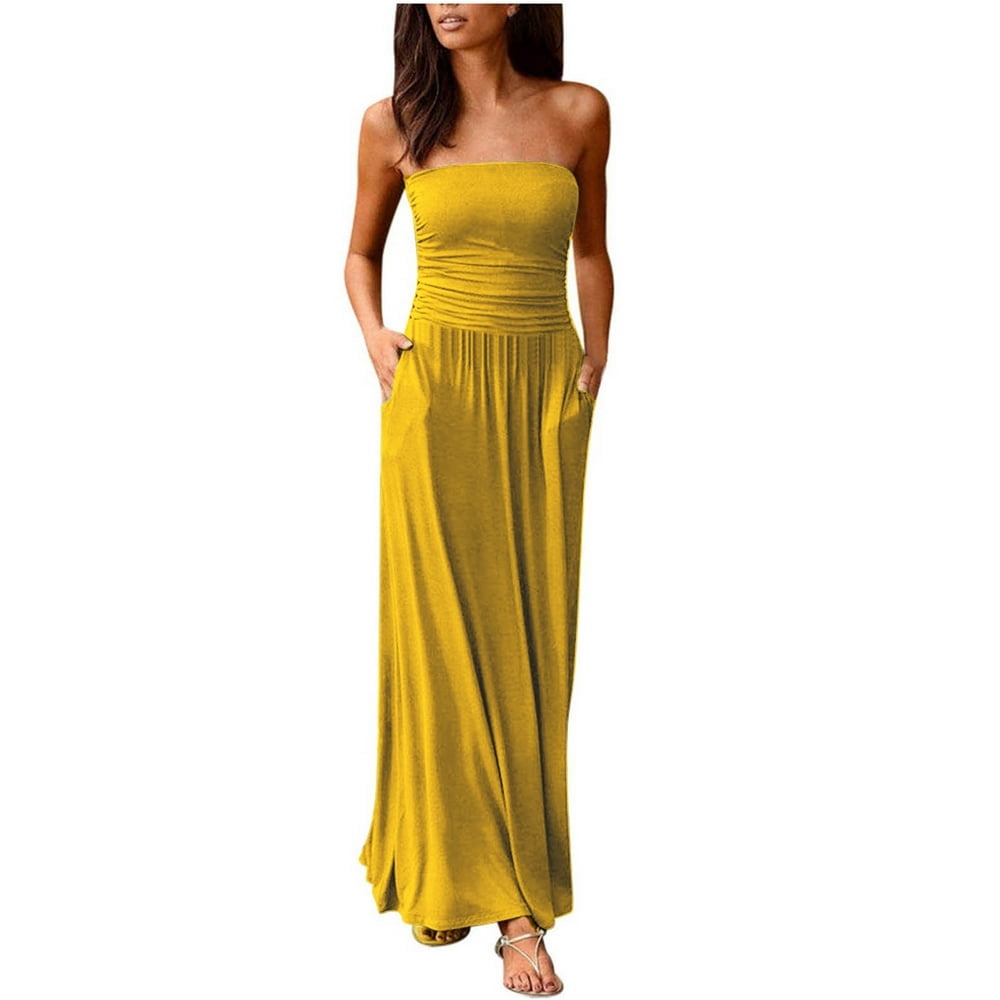 Robe Longue d'Été Sans Bretelles pour Femmes, Épaules Dénudées, Maxi Robe de Plage avec Poches
