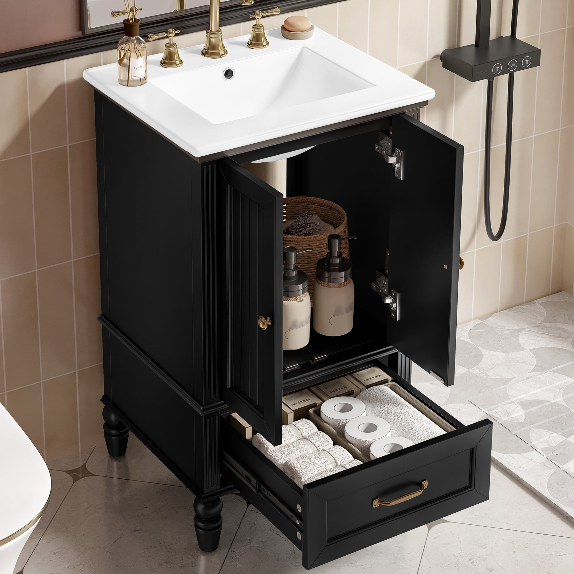Euroco 30" Bathroom Vanity with Semilune Ceramic Sink, Real Wood & MDF Cabinet with Drawer, 3-Hole Faucet Mount