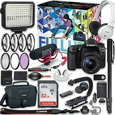 Canon EOS 80D DSLR Camera Premium Video Creator Kit with Canon 18-55mm Lens + Sony Monitor Series Headphones + Video LED Light + 32gb Memory + Monopod + High End Accessory