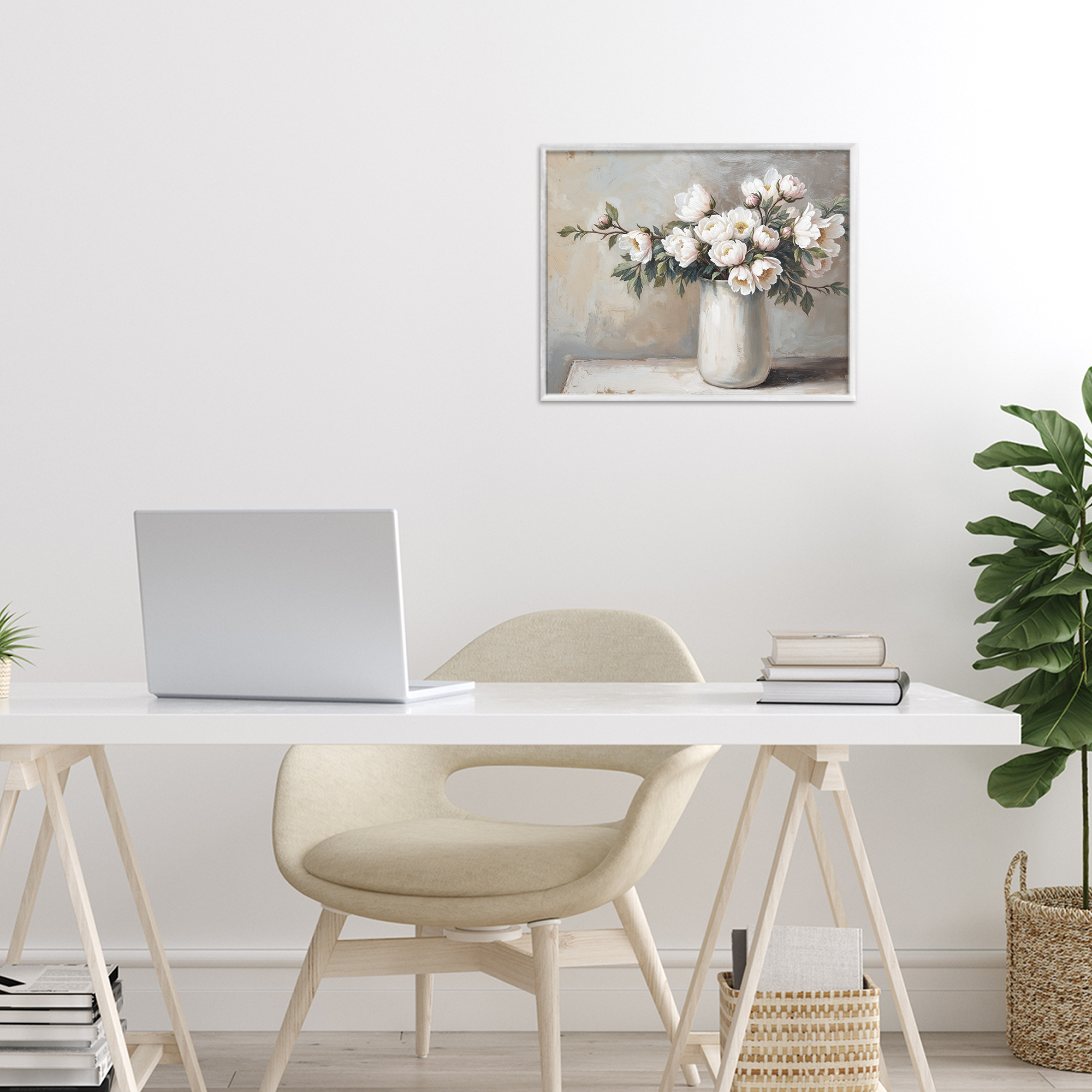 White Flowers in Vase Still Life White Framed Giclee Art, design by Lettered and Lined