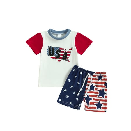 

Wassery 4th of July Baby Boys Independence Day Outfits Letters Print Short Sleeve Crew Neck T-shirt and Drawstring Shorts 2Pcs Toddle Summer Casual Clothes Set 0-3T
