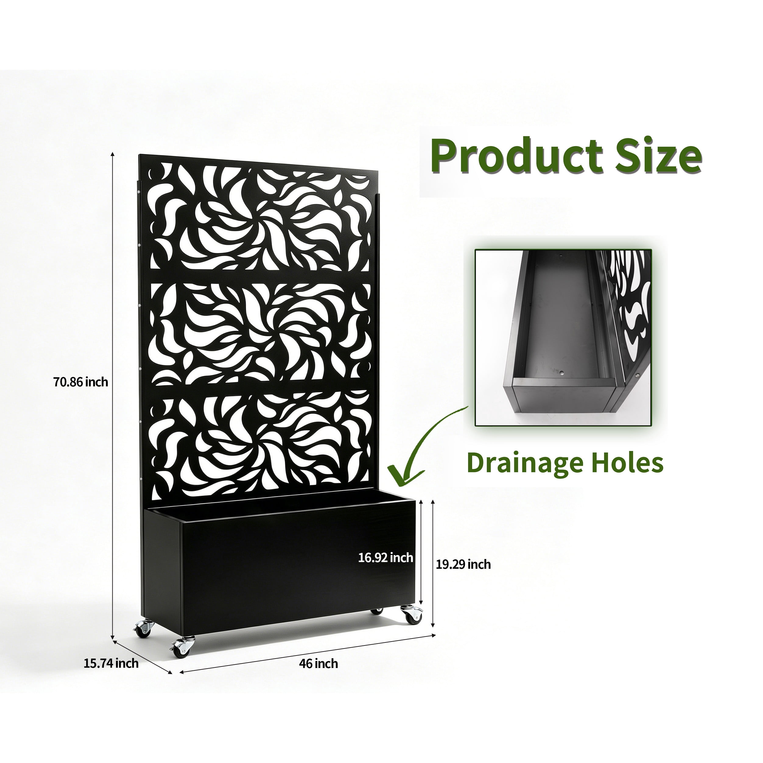 Privacy Screen with Planter Box, Black Metal Freestanding Decorative Fence Planter for Patio Balcony Backyard, 70.87" H x 46.06" W