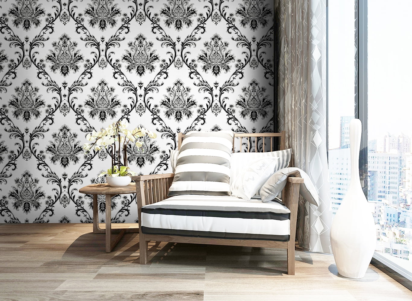 Black/Silver/White/Gray Damask Embossed Textured Thick Wallpaper Roll for Living Room Bedroom Decorative 20.86“ x 32.8'