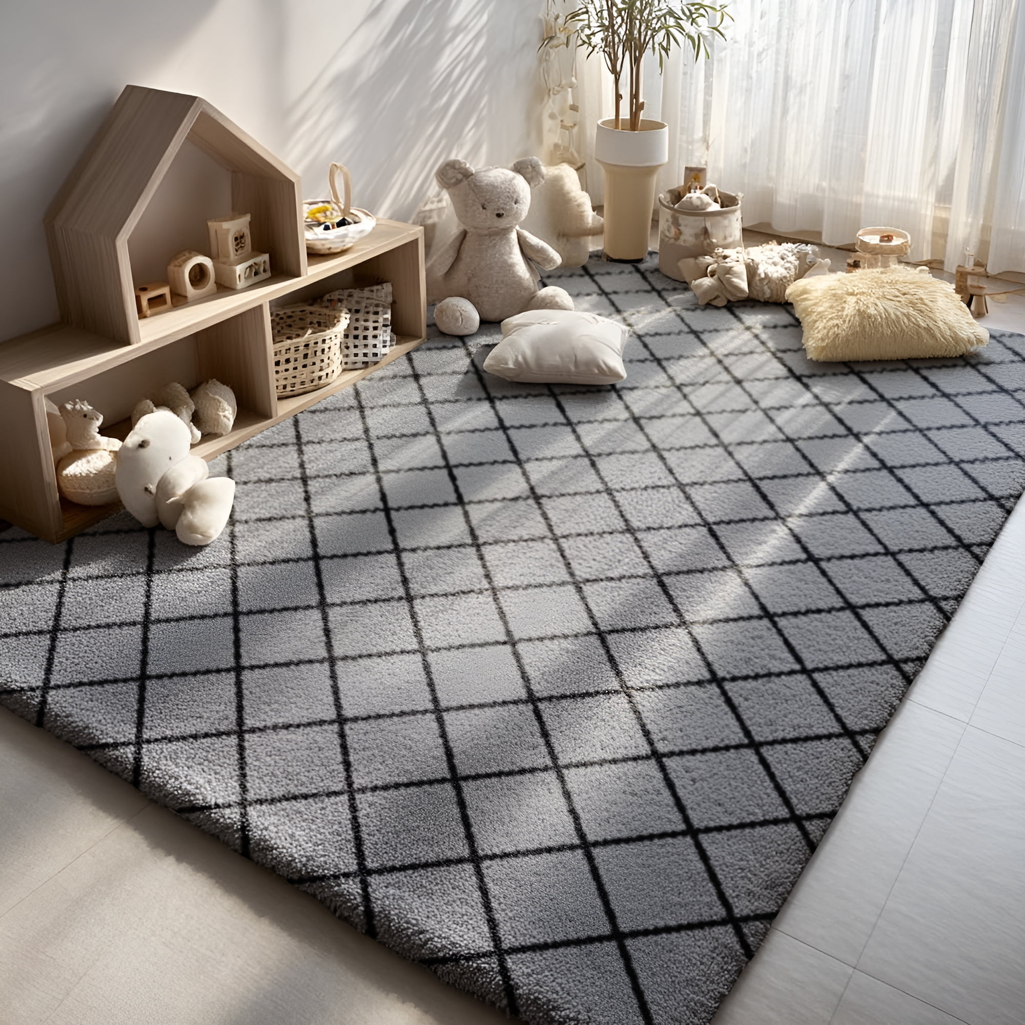 Pentantan Shag Area Rug, 5’ x 8’ Grid Soft Fluffy Indoor Rugs for Living Room Bedroom Carpet, Gray & Black