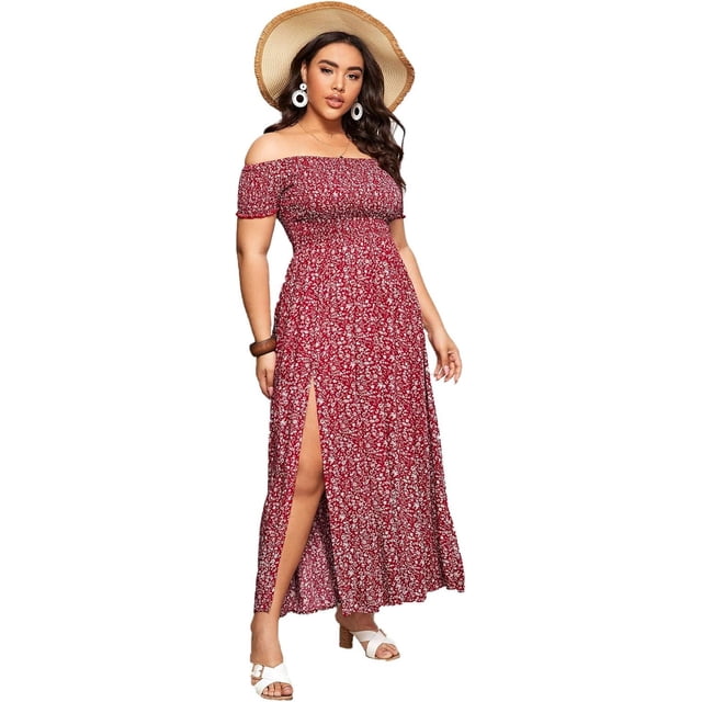 Vestido largo tipo A con hombros descubiertos y estampado floral estilo bohemio para mujer