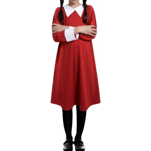 Kids Girls Swing Dress Peter Pan Collar Long Sleeves Flared Skater Dresses 7-13Y