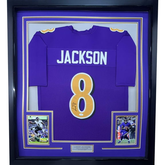 Framed Autographed/Signed Lamar Jackson 35x39 Baltimore Color Rush Football Jersey JSA COA