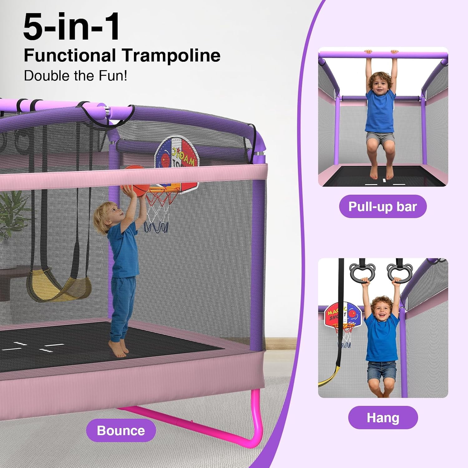 6FT Rectangle Toddler Trampoline by LANGXUN, 5-in-1 Kids Mini Trampoline Featuring Safety Enclosure Net for Indoor & Outdoor Use