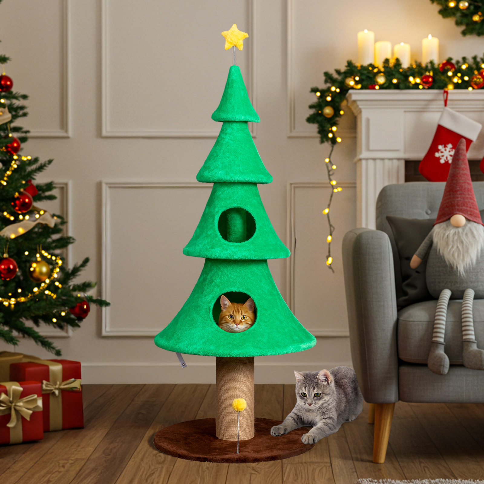Ktaxon 59in Large Christmas Tree Cat Tower with 2 Condos, Scratching Post, Soft Fleece, Teaser Toy & Sturdy Base, Green