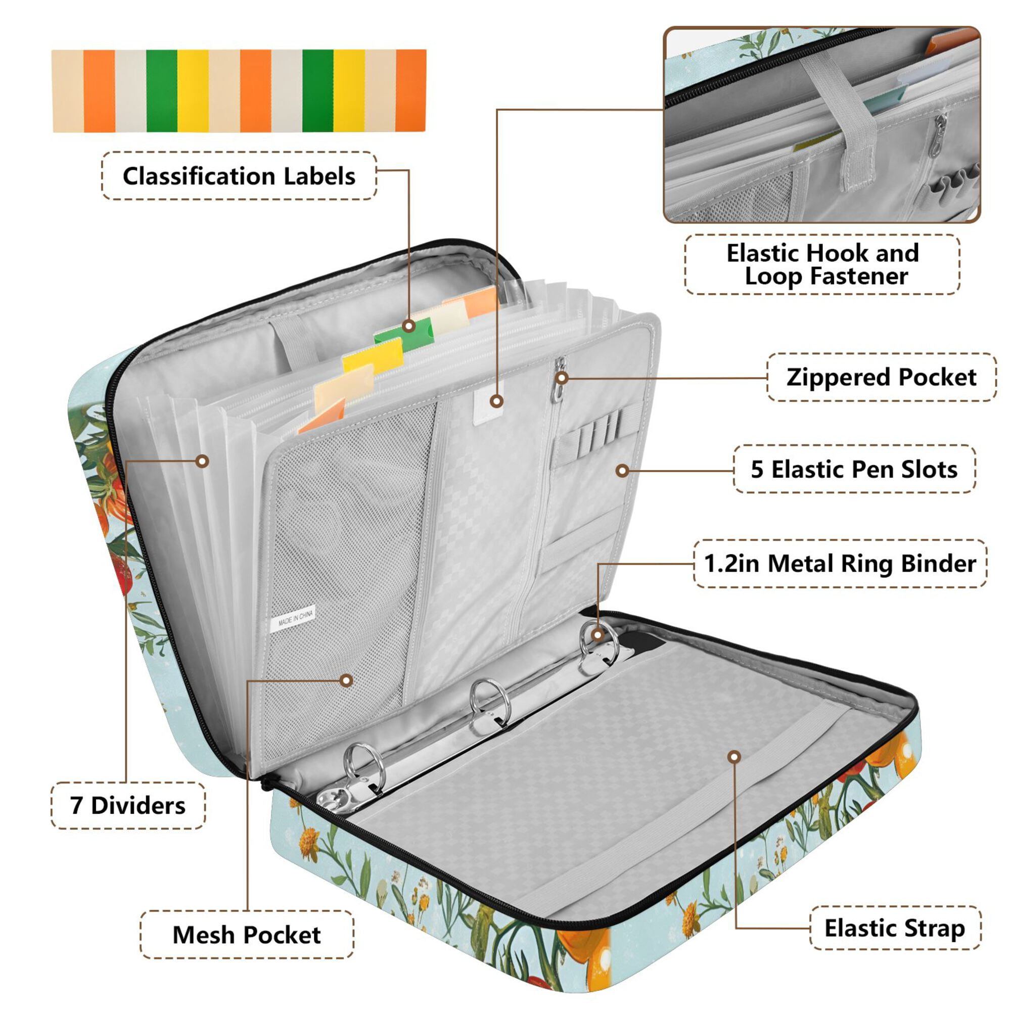 FORMRS Accordion File Folder A4 Size 7-Pocket Expanding Document Organizer Bag with 3 Ring Binder, Colorful Tomatoes