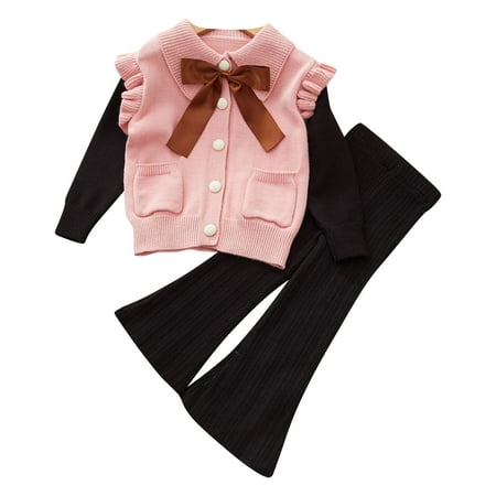 

Diufon Toddler Baby Girl Clothes Set Knit Cotton Ruffled Long Sleeve Cardigan and Flared Pants with Bow Tie