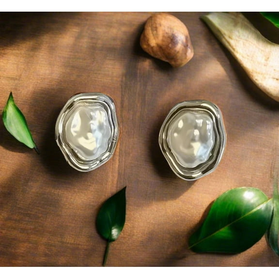 Clip on 3/4" small silver wrinkled white pearl button style earrings