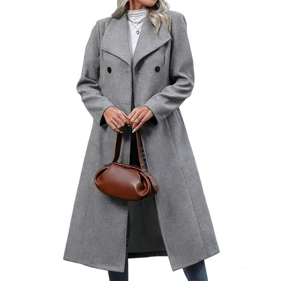 qucoqpe Pea Coats for Women 2025 Fall Winter Fashion Casual Solid Lapel Collar Outerwear Long Sleeve Doule Breasted Button Long Jackets with Pockets