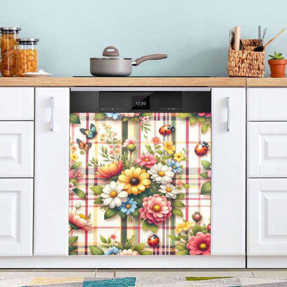 Flowers with Lady Bugs Dishwasher Magnet Cover Magnetic Fridge Door Cover Home Kitchen Decor 23"x 26"