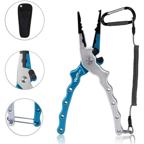 Wolfyok Aluminum Fishing Pliers and Stainless Steel Hook Removers Pliers Saltwater Split Ring Tool Blue for Fishing Gear Accessories Line Cutters with Sheath and Lanyard