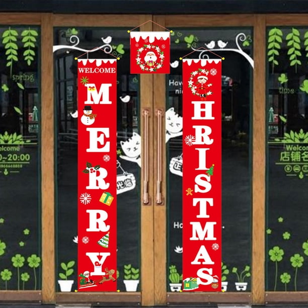 Adornos navideños, regalos navideños, cortina de puerta navideña, conjunto de tres piezas, diseño de tienda, pancarta colgante con pareado