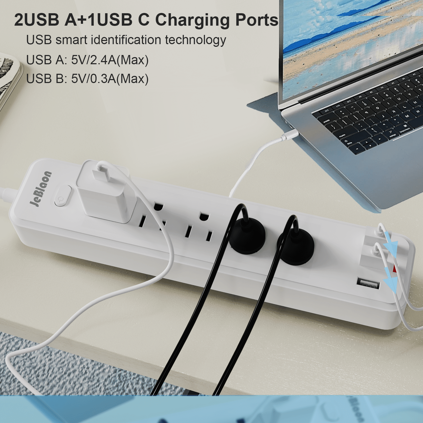 Surge Protector Power Strip with 5 AC Outlets 3 USB Ports 3.3 ft Extension Cords ETL Listed, White