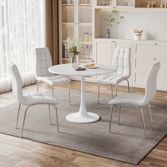 5-Piece Dining Table Set, 31.5" Round Tulip Pedestal Dining Table and 4 Ergonomically Designed PU Chairs, Dining Table Set for Kitchen, Living Room, Office