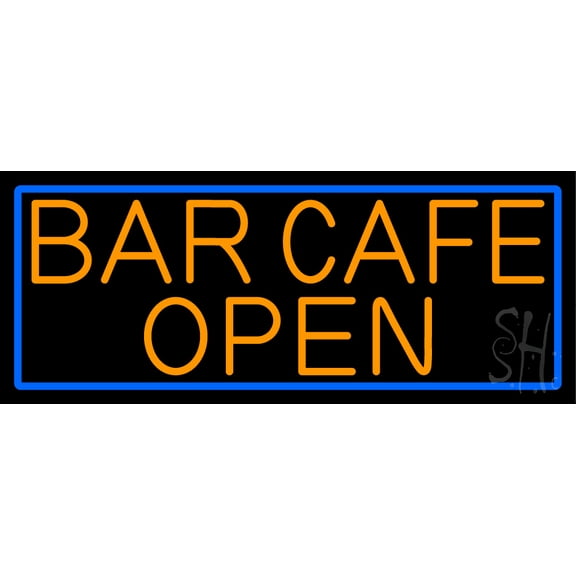 Orange Bar Cafe Open With Blue Border LED Neon Sign 10 x 24 - inches, Clear Edge Cut Acrylic Backing, with Dimmer - Bright and Premium built indoor LED Neon Sign for Bar decor.