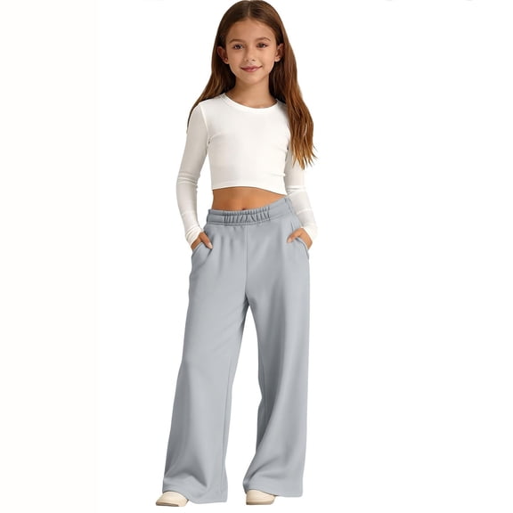 Open Hem Sweatpants Teen Girls Wide Leg Drawstring Baggy Pants Straight Leg Athletic Trousers with Pockets Gray 2-3Y