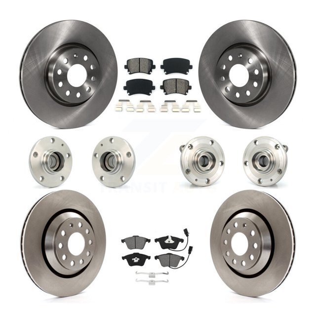 Transit Auto Front Rear Hub Bearings Assembly Disc Brake Rotors and Semi-Metallic Pads Kit (10Pc) for Car Volkswagen CC with 312mm Diameter Rotor - Left Right Side (Driver Passenger) KBB-125317
