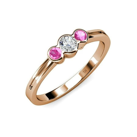 

Diamond (SI2-I1 G-H) and Pink Sapphire Three Stone Ring 0.50 ct tw in 14K Rose Gold.size 6.5