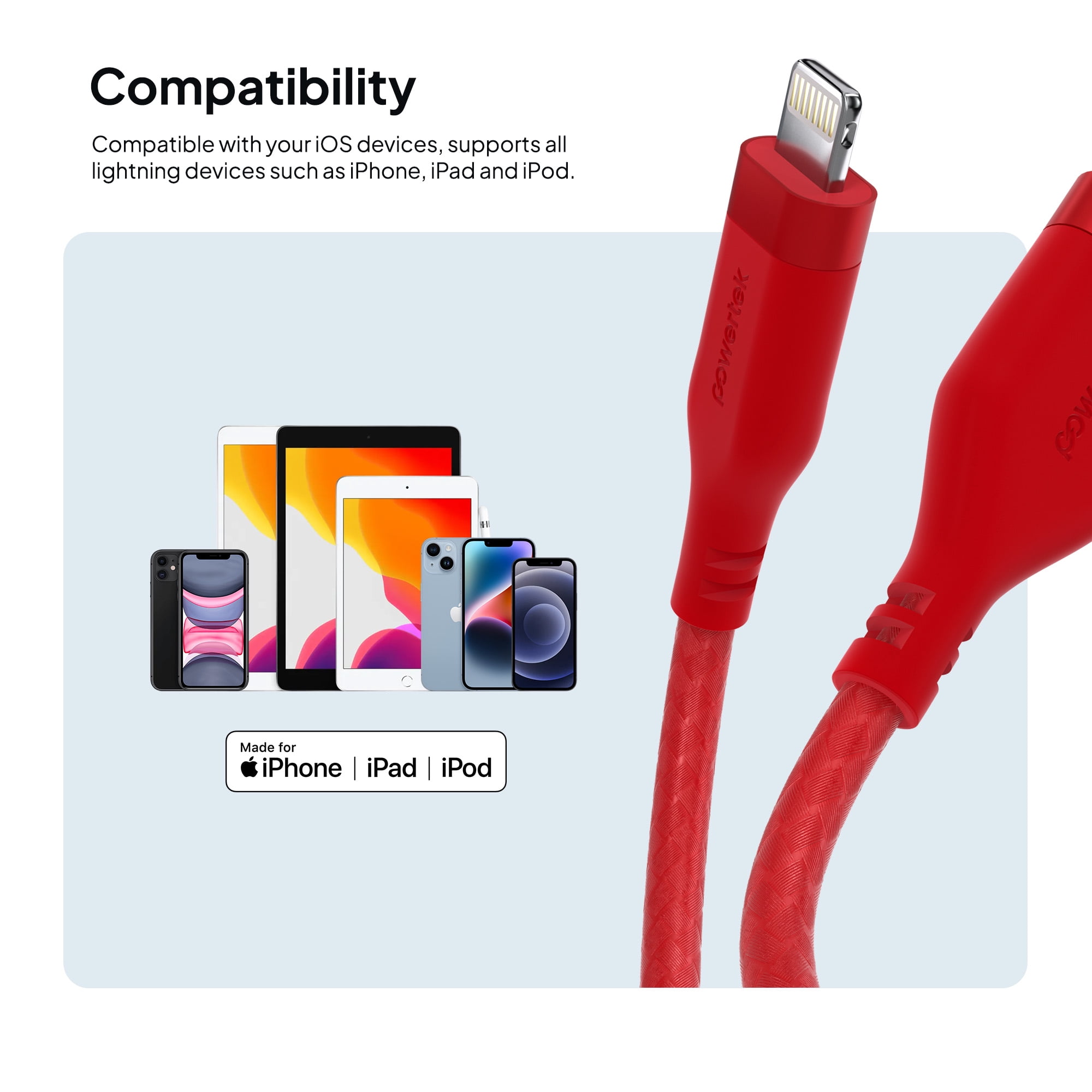 Powertek MFi Certified USB-A to Lightning Charging Cable, Carbon Design Texture, 6 ft, Red