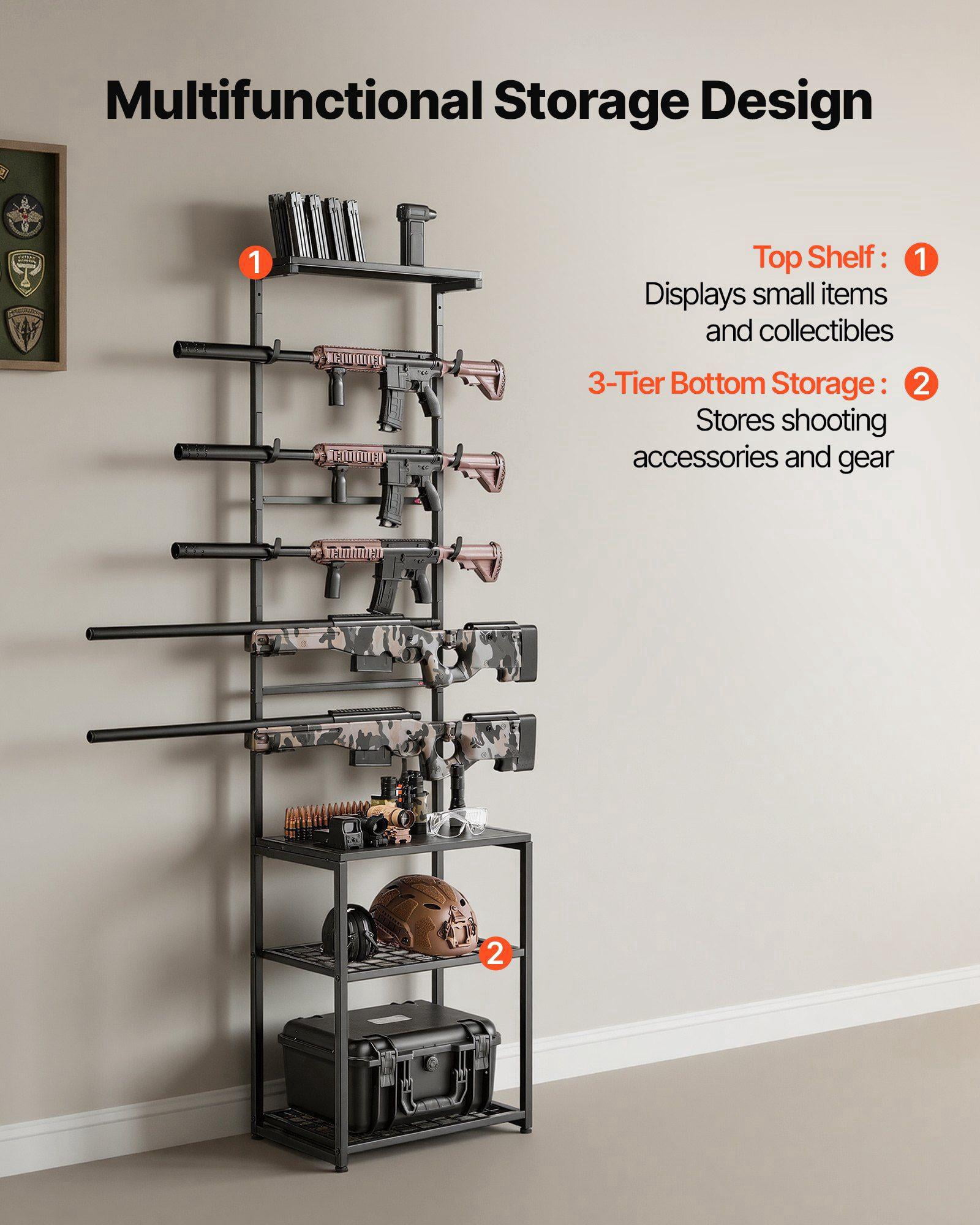 Heavy Duty Steel Floor Standing Gun Rack with Storage Shelf Holds 5 Rifles Shotguns for Home Garage Hunting Long Gun Storage