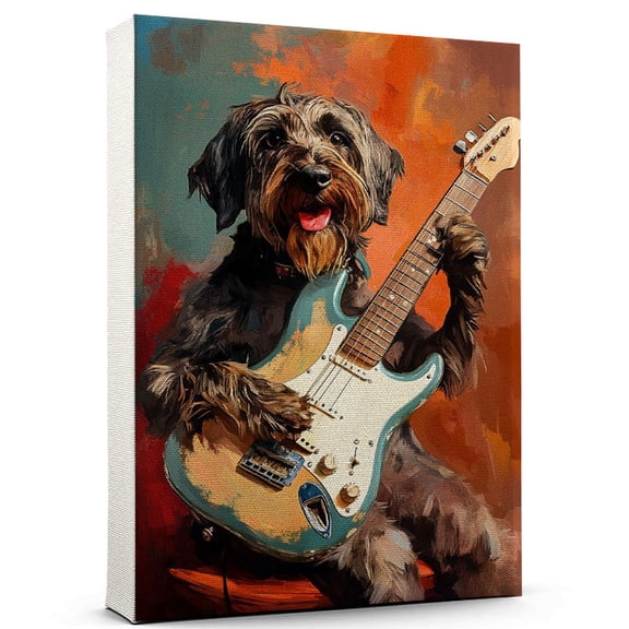 Wirehaired Pointing Griffon Cute Dog Guitar Stretched Canvas Size 8x12 – Retro Wirehaired Pointing Griffon Dog Batter in Action With Guitar for Themed Living Room