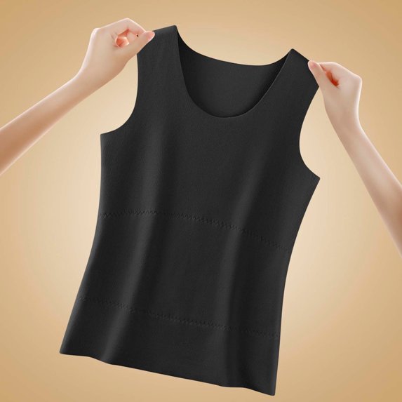 Bnwani Womens Tank Tops, with Fleece Warm with Chest Pad Solid Color Round Neck Thermal Underwear Tops Black M