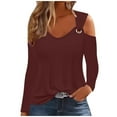 thumbnail image 2 of AXXD Basic Shirts for Women Summer 2024 Trendy Casual Solid Off Shoulder Pullover Long Sleeve Top Long Sleeve V-Neck Top/Shirt, 2 of 5