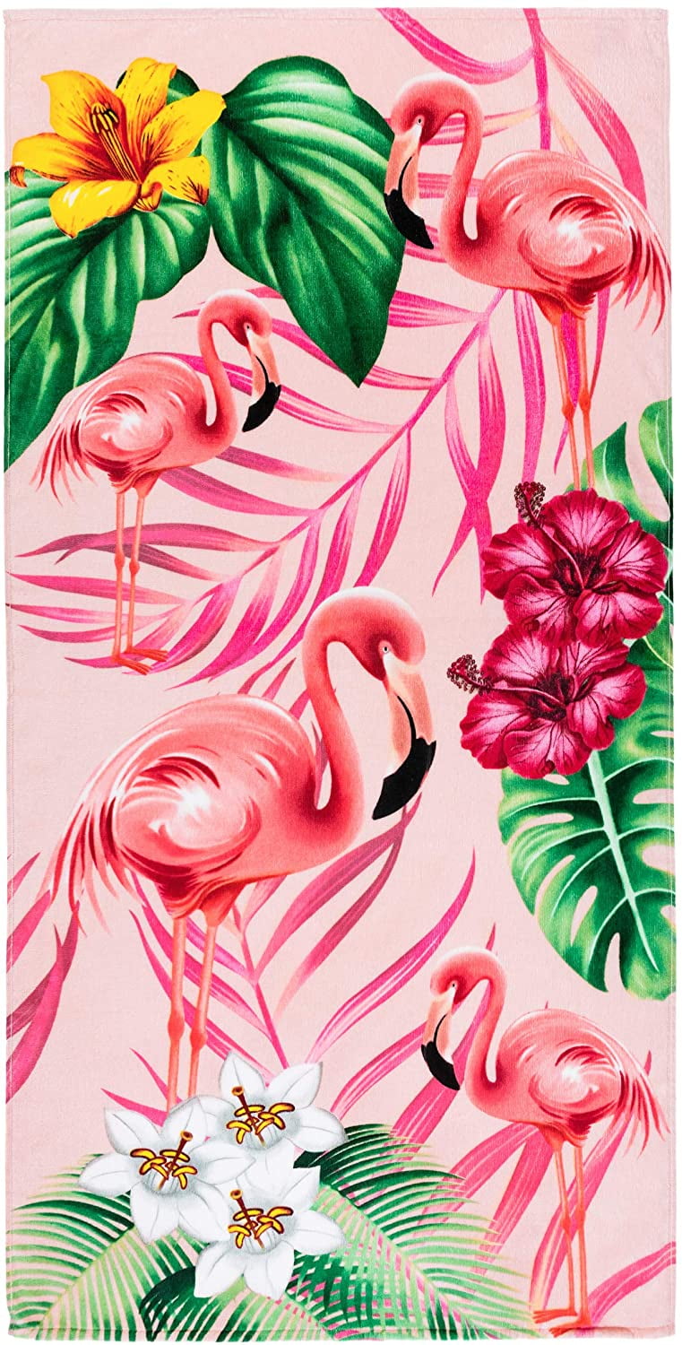 Flamingo and Hibiscus Beach Towel 30 x 60 inches 100% Cotton