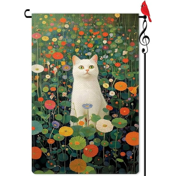 Spring Cute White Cat Garden Flag Spring Summer Floral Flower Small Flag for Outside Burlap Double Sided Farmland Welcome Yard Lawn Winter Decor