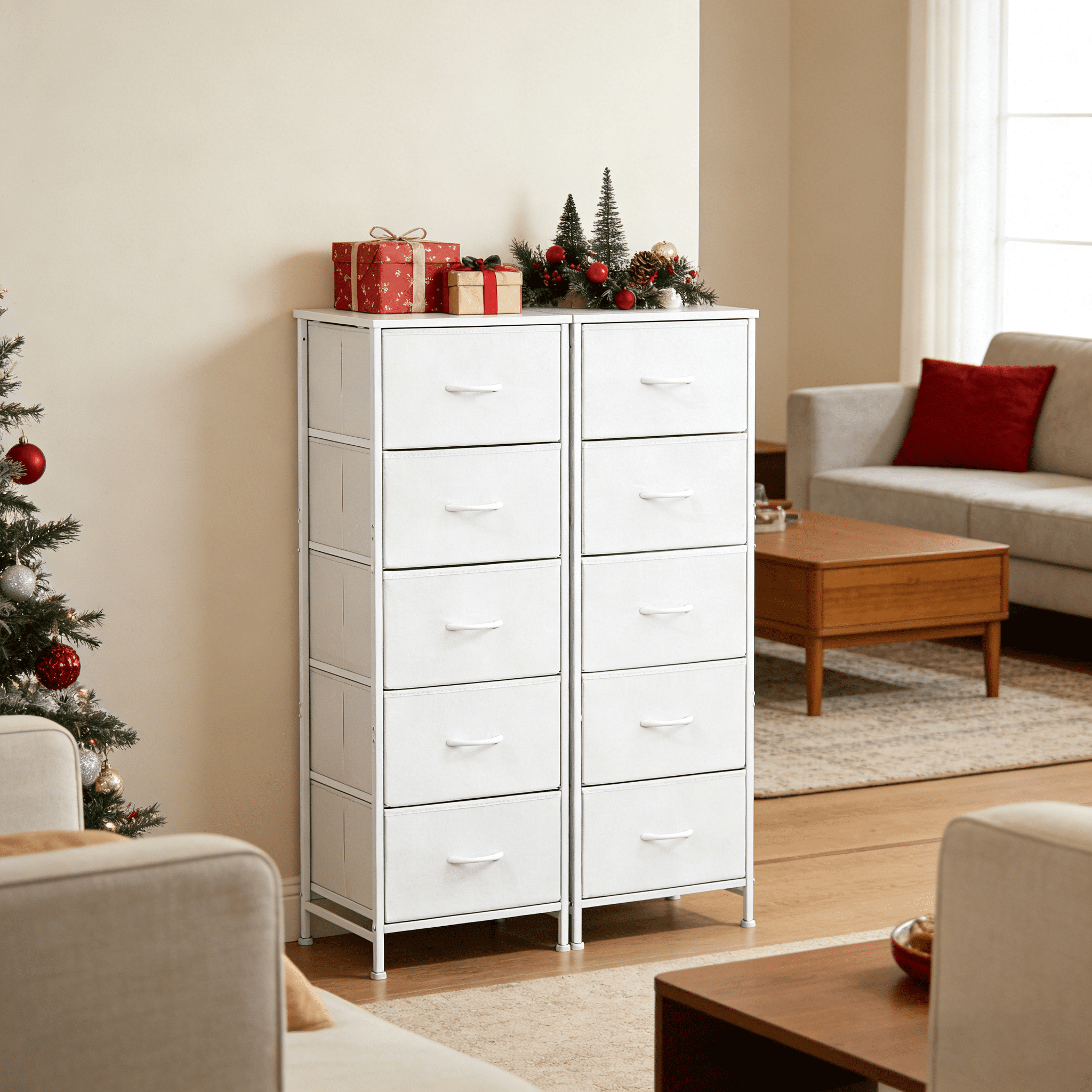 Aidoly 5-Tier Fabric Drawer Storage Organizer with Solid Surface Top - Multi-Functional Bedside & Room Organizer, White