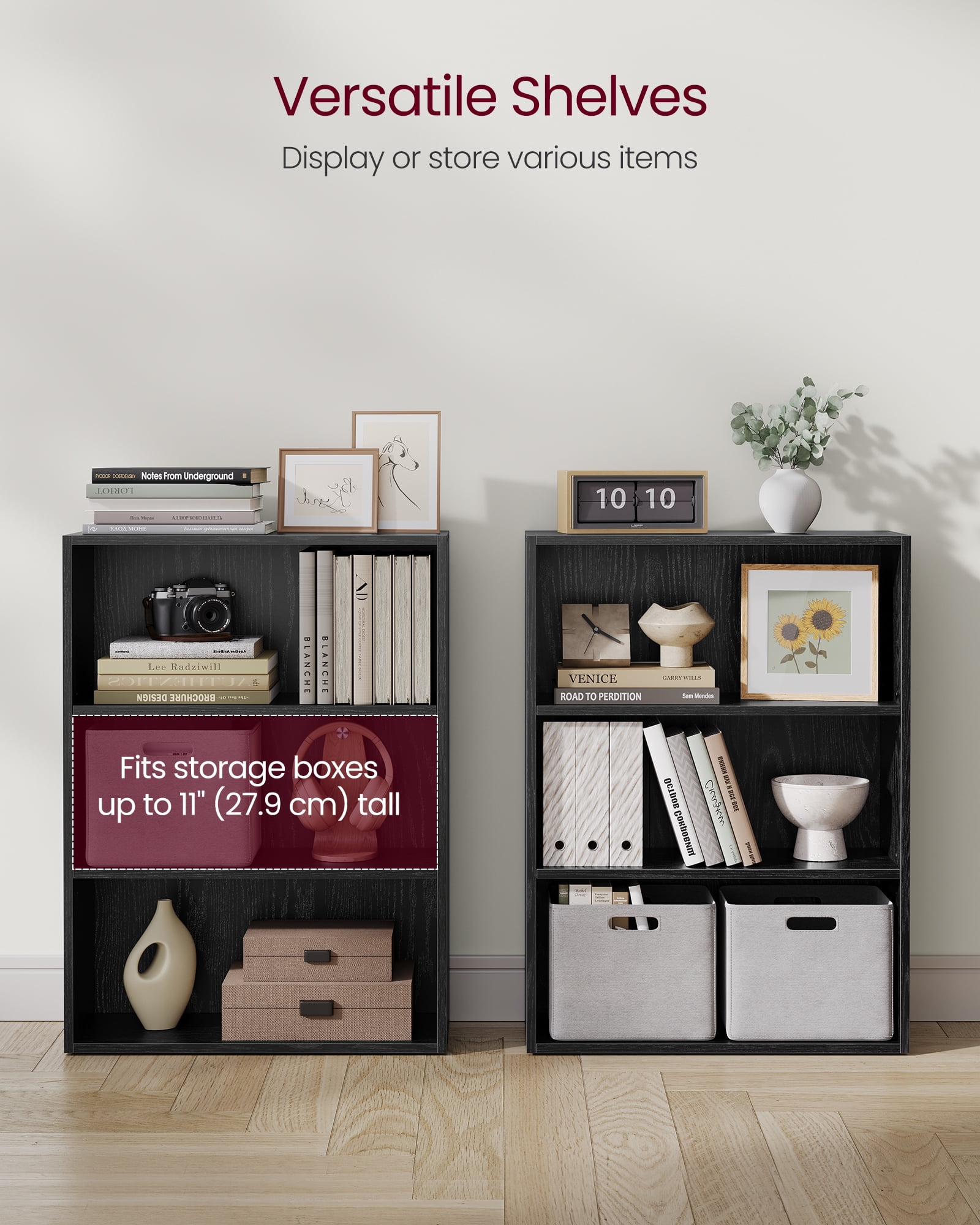 Custos Collection - 3-Tier Adjustable Bookcase, Open Compartment Storage Shelf, 9.4" D x 23.6" W x 32" H, for Living Room, Office, Dining Room, Space-Saving Design, Ebony Black