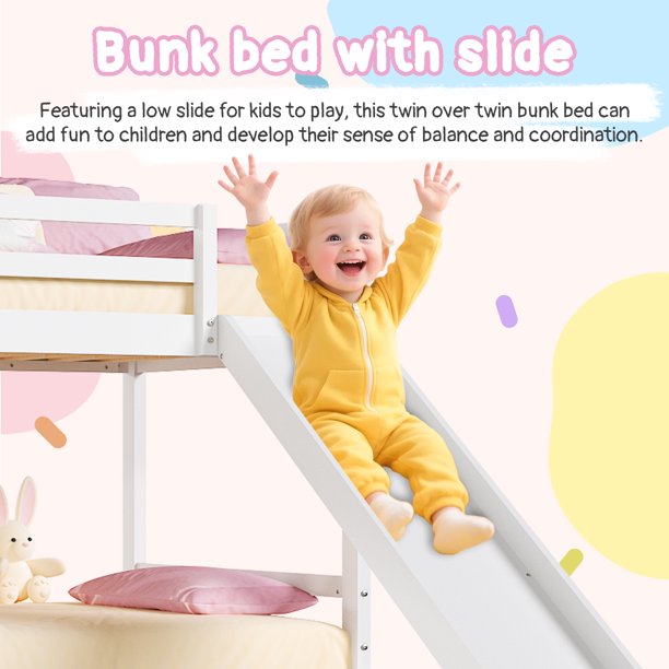 Ktaxon Bunk Bed Twin Over Twin,Kids Low Floor Bed Frame with Slide