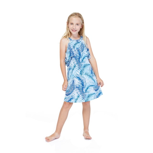 Robe Hawaïenne à Col Rond avec Volants pour Fille au Coucher du Soleil Néon
