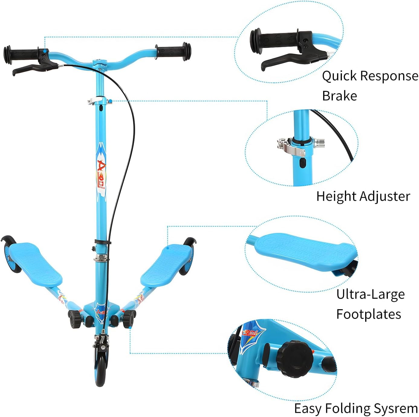 Kids Swing Scooter, 3 Wheels Drifting Scooter/Wiggle Scooters with Adjustable Height & Foldable for Boys/Girl/Ages 5-12 Years