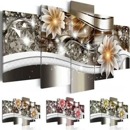Christmas Home Decor - 5PCS/Set Diamond Flower/Lilies Picture Wall Art Canvas Prints Modern Abstract Home Sticker Decor No Frame Christmas Gift